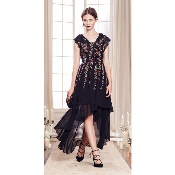 Black & Floral Design High Low Maxi Dress / Chiffon/ LC/ Lauren Conrad - Picture 2 of 6